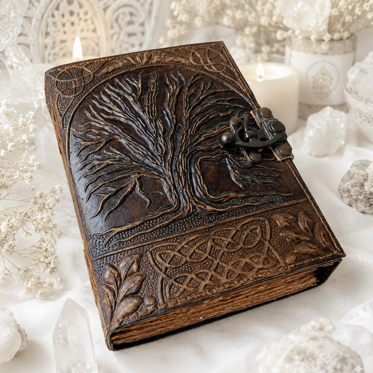 Tree of Life Antique Leather Journal – Handmade Pagan Grimoire Deckle Pages – leather journal, front cover view