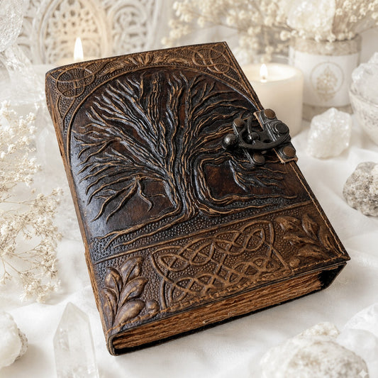 Tree of Life Antique Leather Journal – Handmade Pagan Grimoire Deckle Pages – leather journal, front cover view