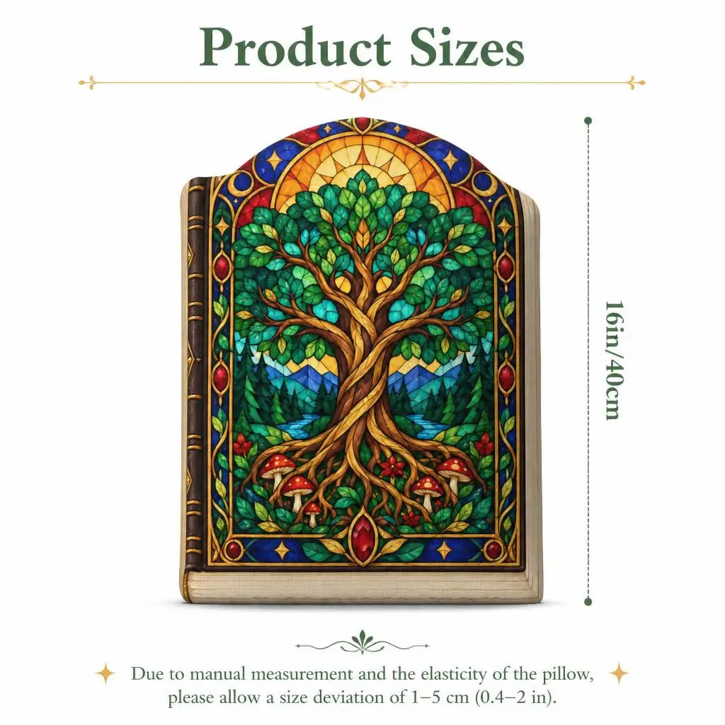 Size guide showing 16 inch / 40 cm: decorative plush pillow featuring Tree of Life artwork with a stained-glass effect