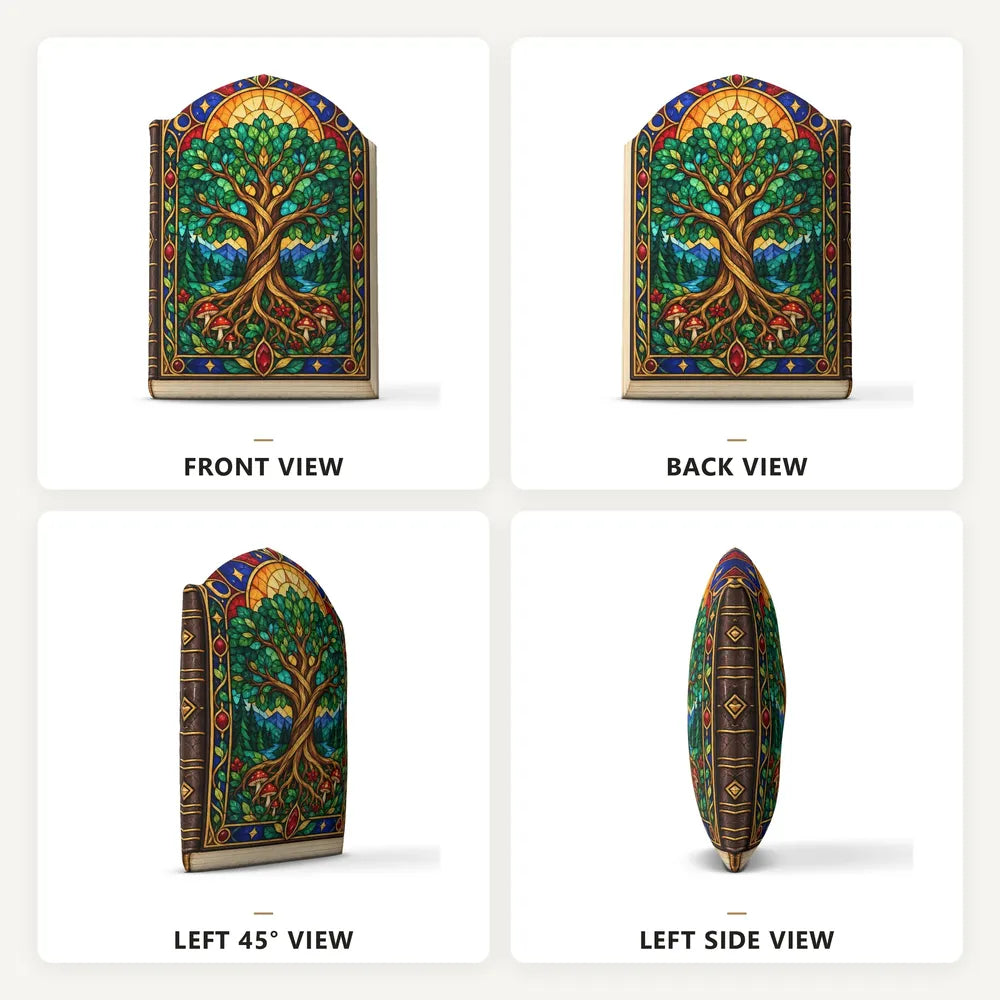 Front, back and side views: decorative plush pillow featuring Tree of Life artwork with a stained-glass effect