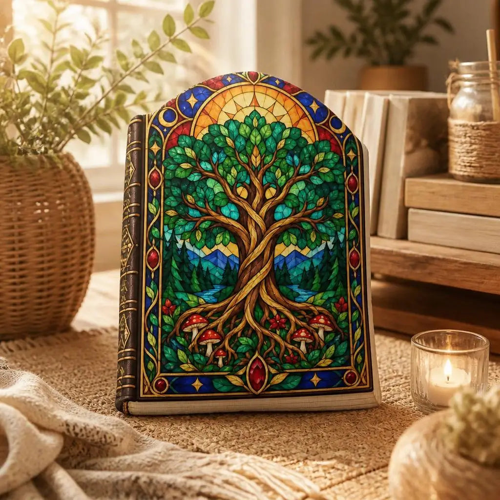 Alternate styled room view: decorative plush pillow featuring Tree of Life artwork with a stained-glass effect