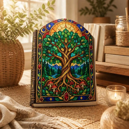 Alternate styled room view: decorative plush pillow featuring Tree of Life artwork with a stained-glass effect