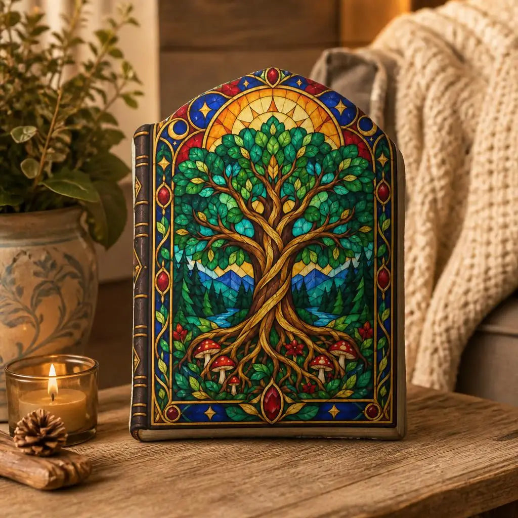 Styled room view: decorative plush pillow featuring Tree of Life artwork with a stained-glass effect