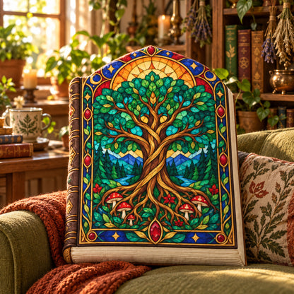 Tree of Life Book Shaped Plush Pillow in a witchy reading room