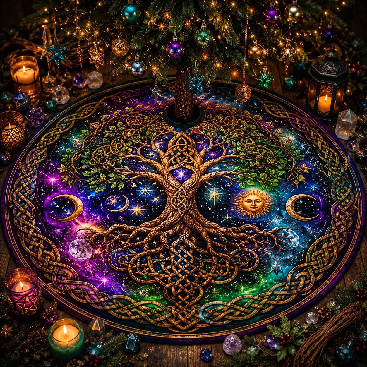 Decorative mandala yule tree skirt with tree of life design, candles, and crystals on a wooden surface.