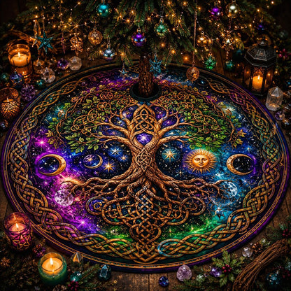 Decorative mandala yule tree skirt with tree of life design, candles, and crystals on a wooden surface.