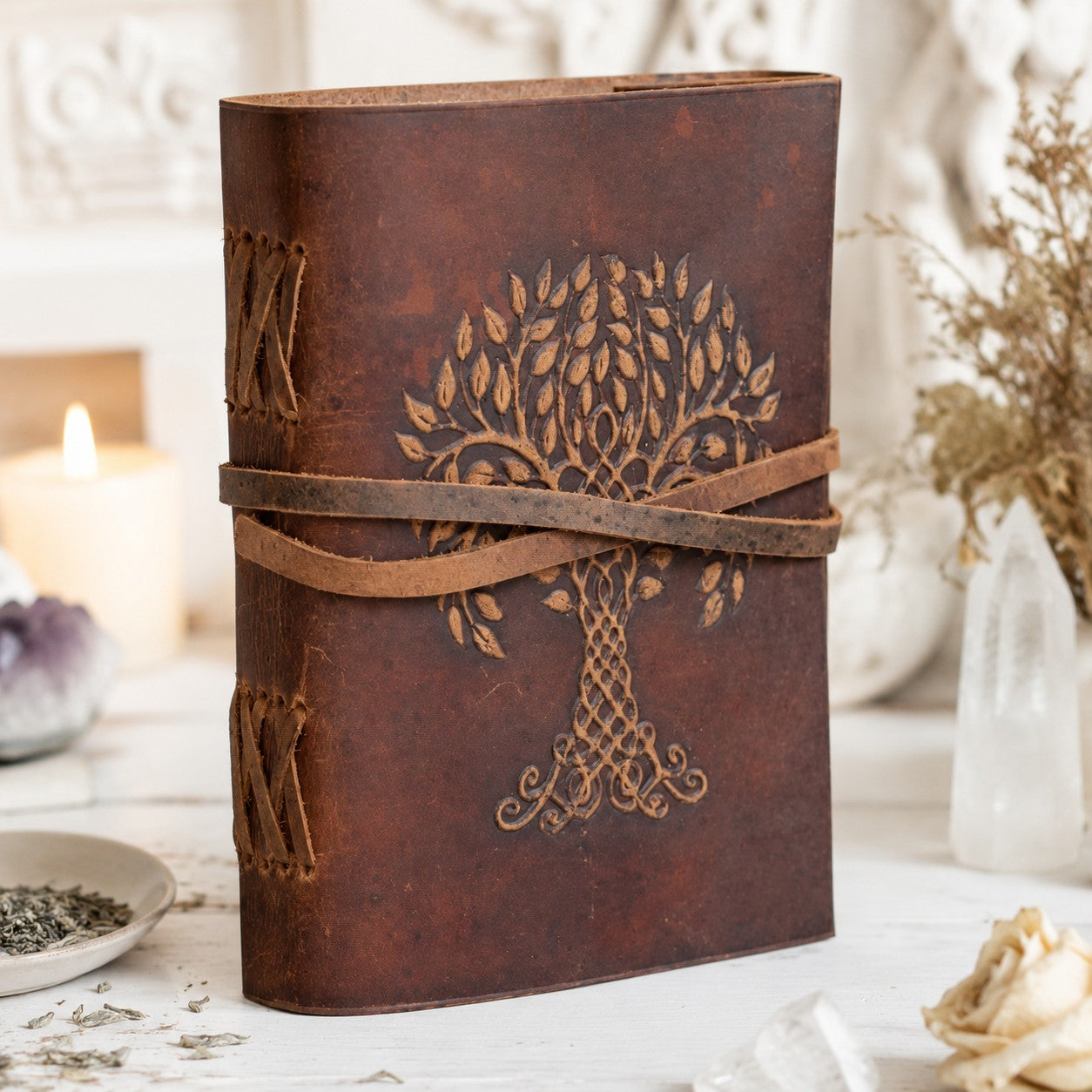 Tree of Life Celtic Leather Journal – Antique Large Format Pagan Grimoire – leather journal, open blank pages view