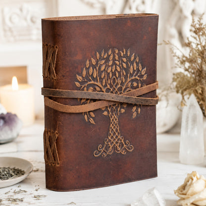 Tree of Life Celtic Leather Journal – Antique Large Format Pagan Grimoire – leather journal, open blank pages view