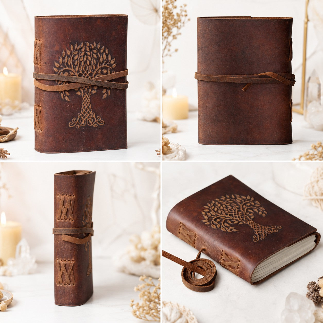 Tree of Life Celtic Leather Journal – Antique Large Format Pagan Grimoire – leather journal, close-up cover detail