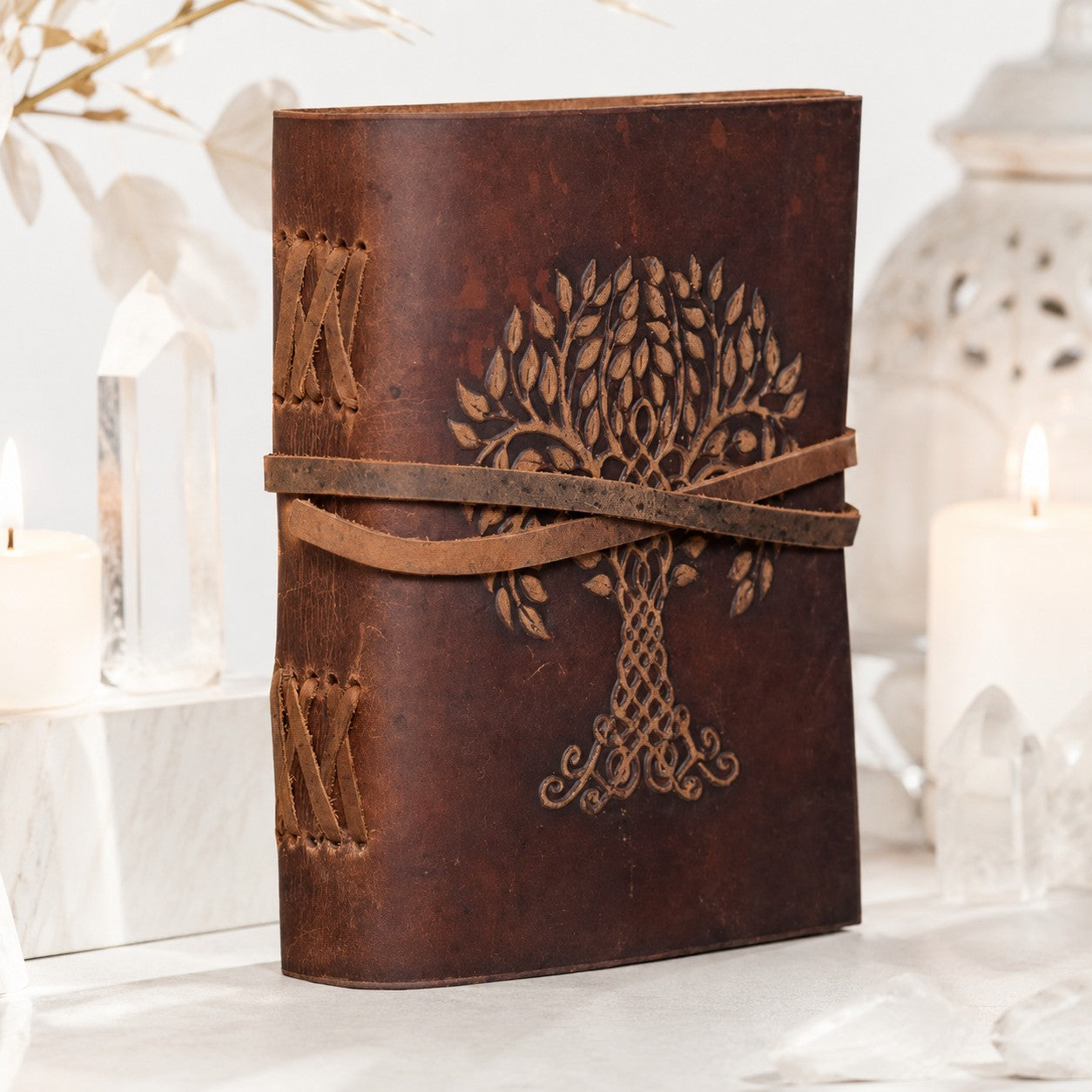 Tree of Life Celtic Leather Journal – Antique Large Format Pagan Grimoire – leather journal, front cover view