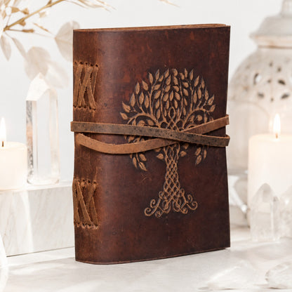 Tree of Life Celtic Leather Journal – Antique Large Format Pagan Grimoire – leather journal, front cover view