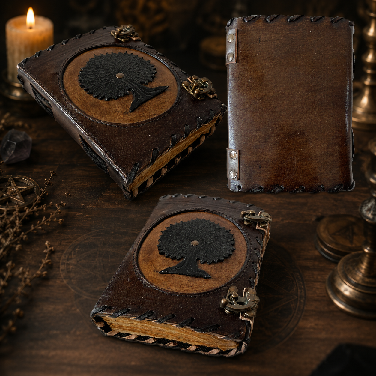 Tree of life cut-work leather journal – handmade Pagan grimoire, deckle pages, artisan carved cover, view 2