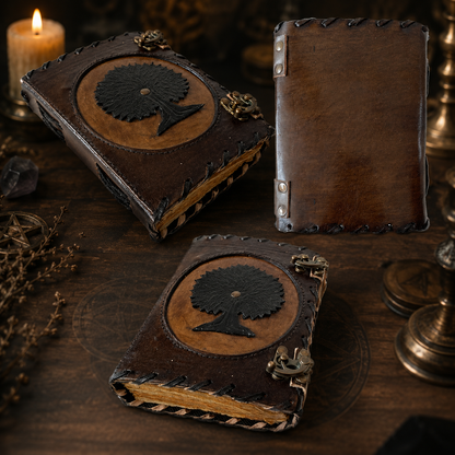 Tree of life cut-work leather journal – handmade Pagan grimoire, deckle pages, artisan carved cover, view 2