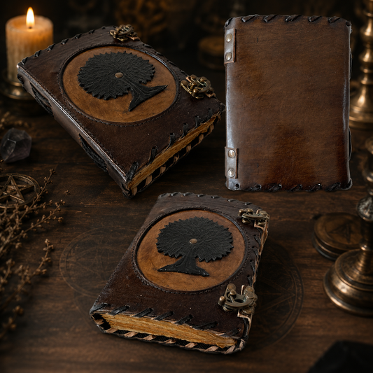 Tree of life cut-work leather journal – handmade Pagan grimoire, deckle pages, artisan carved cover, view 2