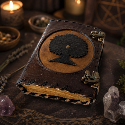 Tree of life cut-work leather journal – handmade Pagan grimoire, deckle pages, artisan carved cover, view 4