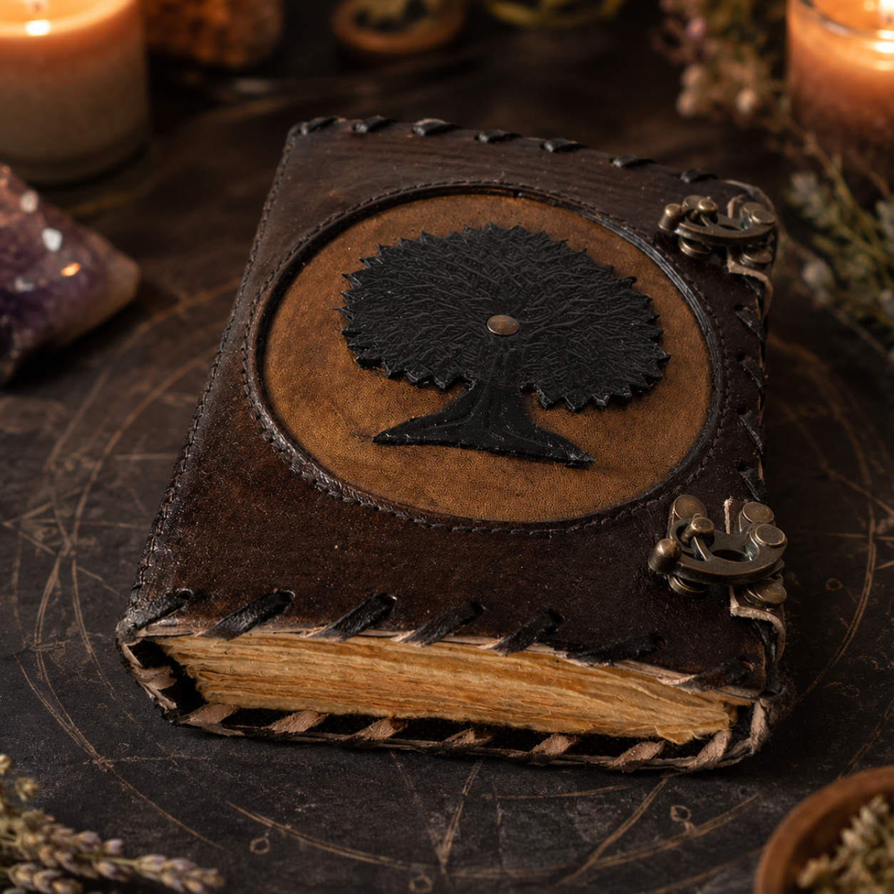 Tree of life cut-work leather journal – handmade Pagan grimoire, deckle pages, artisan carved cover, view 1