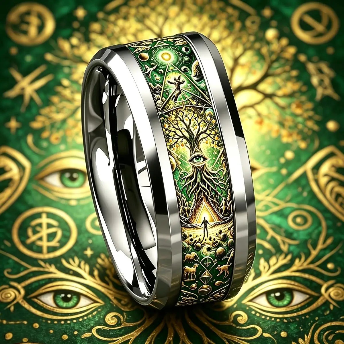 Esoteric symbols tree of life ring close-up – Norse Celtic Pagan spiritual wide band jewellery