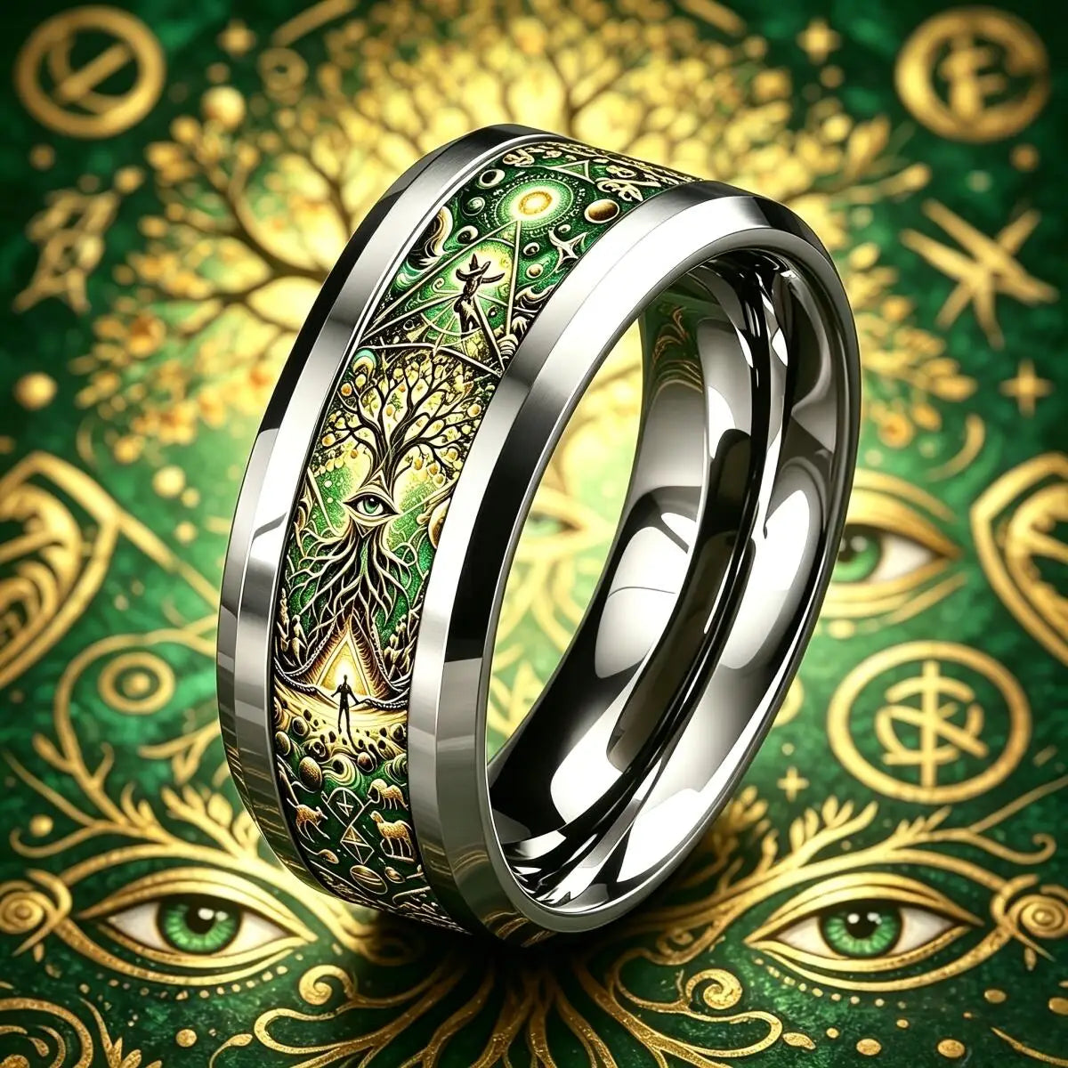 Tree of life mystical ring worn – stainless steel Wiccan Pagan spiritual statement jewellery sizes 6-11