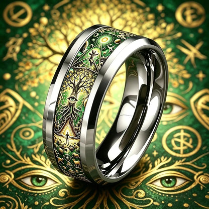 Tree of life mystical ring worn – stainless steel Wiccan Pagan spiritual statement jewellery sizes 6-11