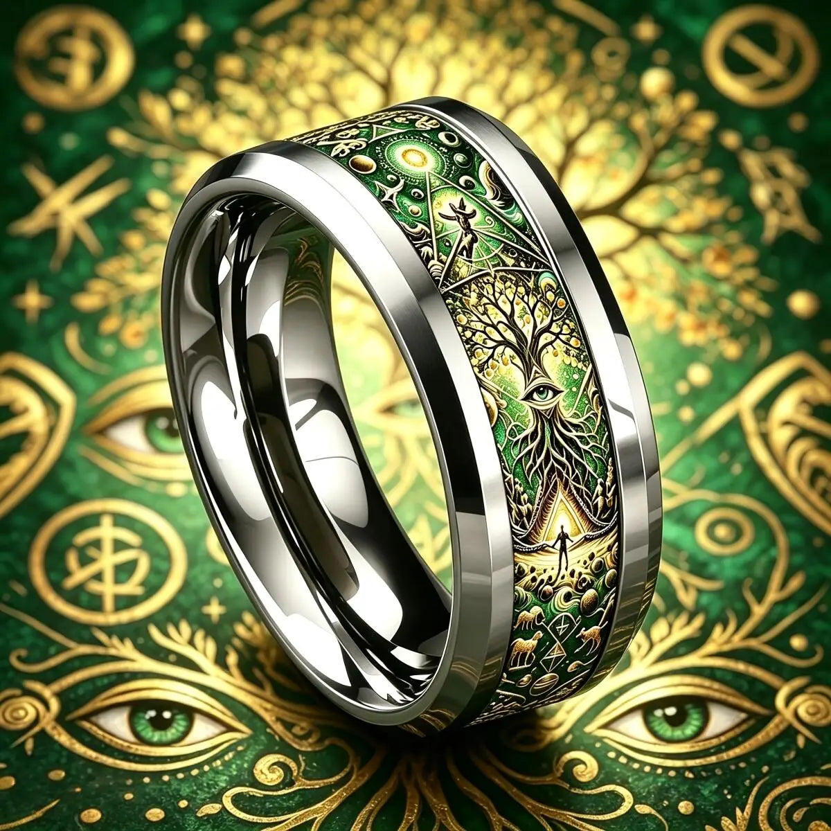 Esoteric tree of life ring dark background – vintage Pagan Wiccan mystical spiritual band ring gift