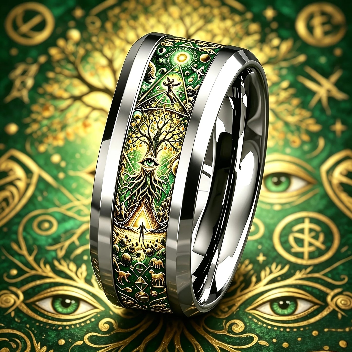 Tree of life esoteric symbols ring stainless steel – mystical Pagan Wiccan wide band ring for men women