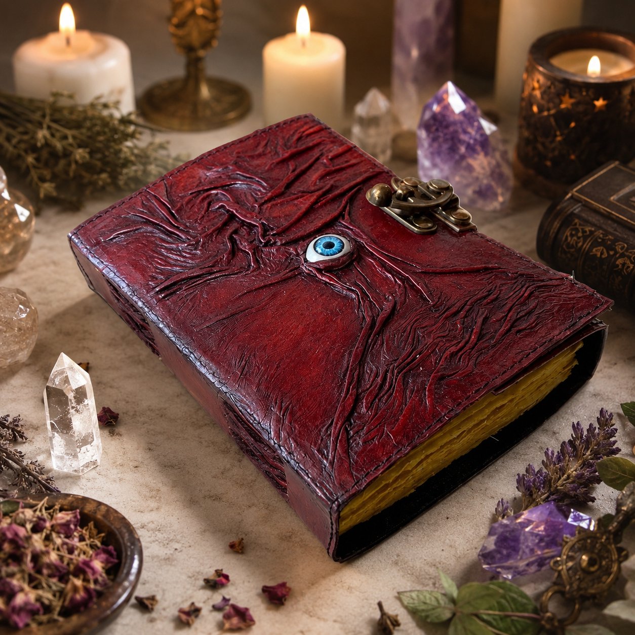 Tree of Life Eye Grimoire Leather Journal – Vintage Spell Book of Shadows – leather journal, back cover view