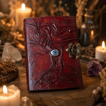 Tree of Life Eye Grimoire Leather Journal – Vintage Spell Book of Shadows – leather journal, open blank pages view