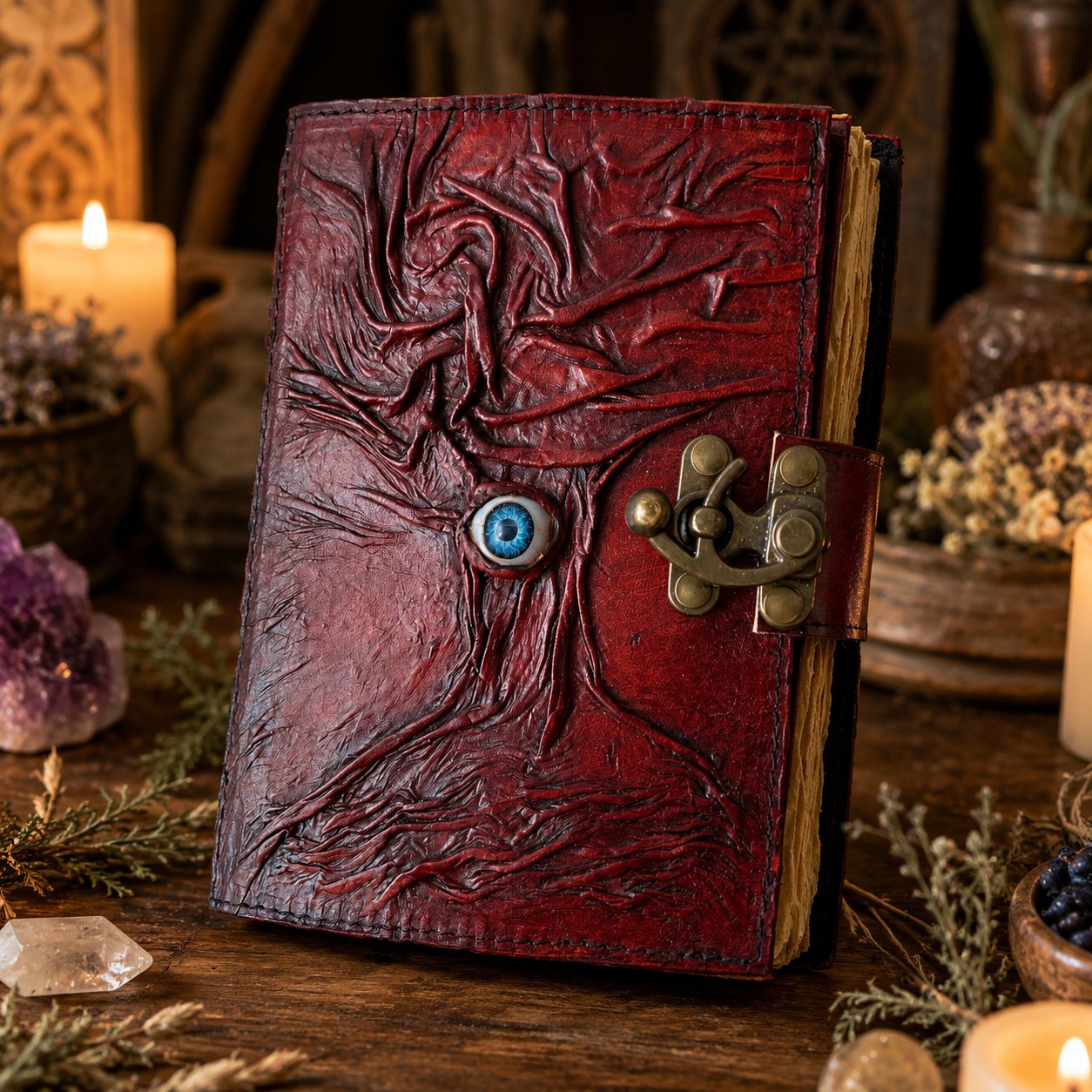 Tree of Life Eye Grimoire Leather Journal – Vintage Spell Book of Shadows – leather journal, front cover view