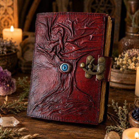 Tree of Life Eye Grimoire Leather Journal – Vintage Spell Book of Shadows – leather journal, front cover view