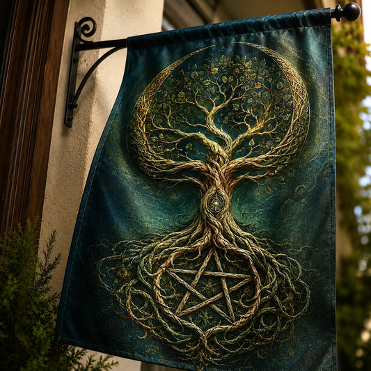Tree of Life house flag displayed outdoors on a garden flag stand
