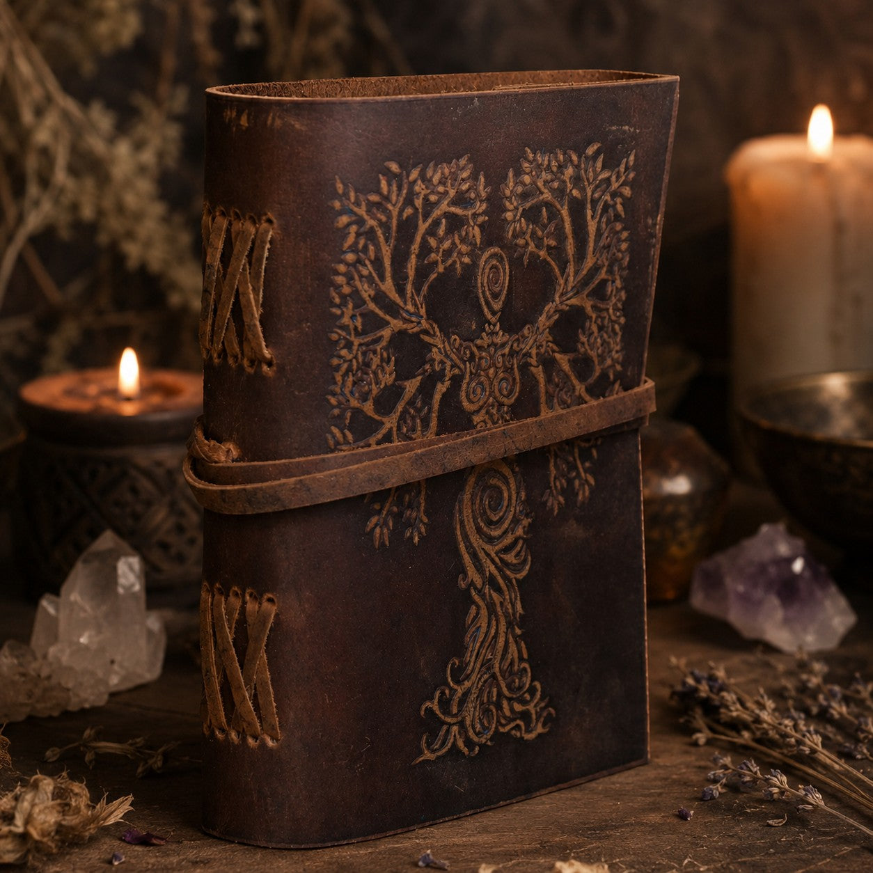 Tree of Life Leather Journal – Antique Large Format Pagan Grimoire Writing Notebook – leather journal, back cover view