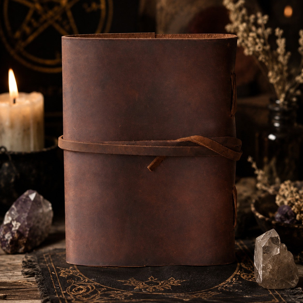 Tree of Life Leather Journal – Antique Large Format Pagan Grimoire Writing Notebook – leather journal, open blank pages view