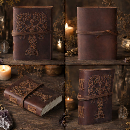 Tree of Life Leather Journal – Antique Large Format Pagan Grimoire Writing Notebook – leather journal, close-up cover detail