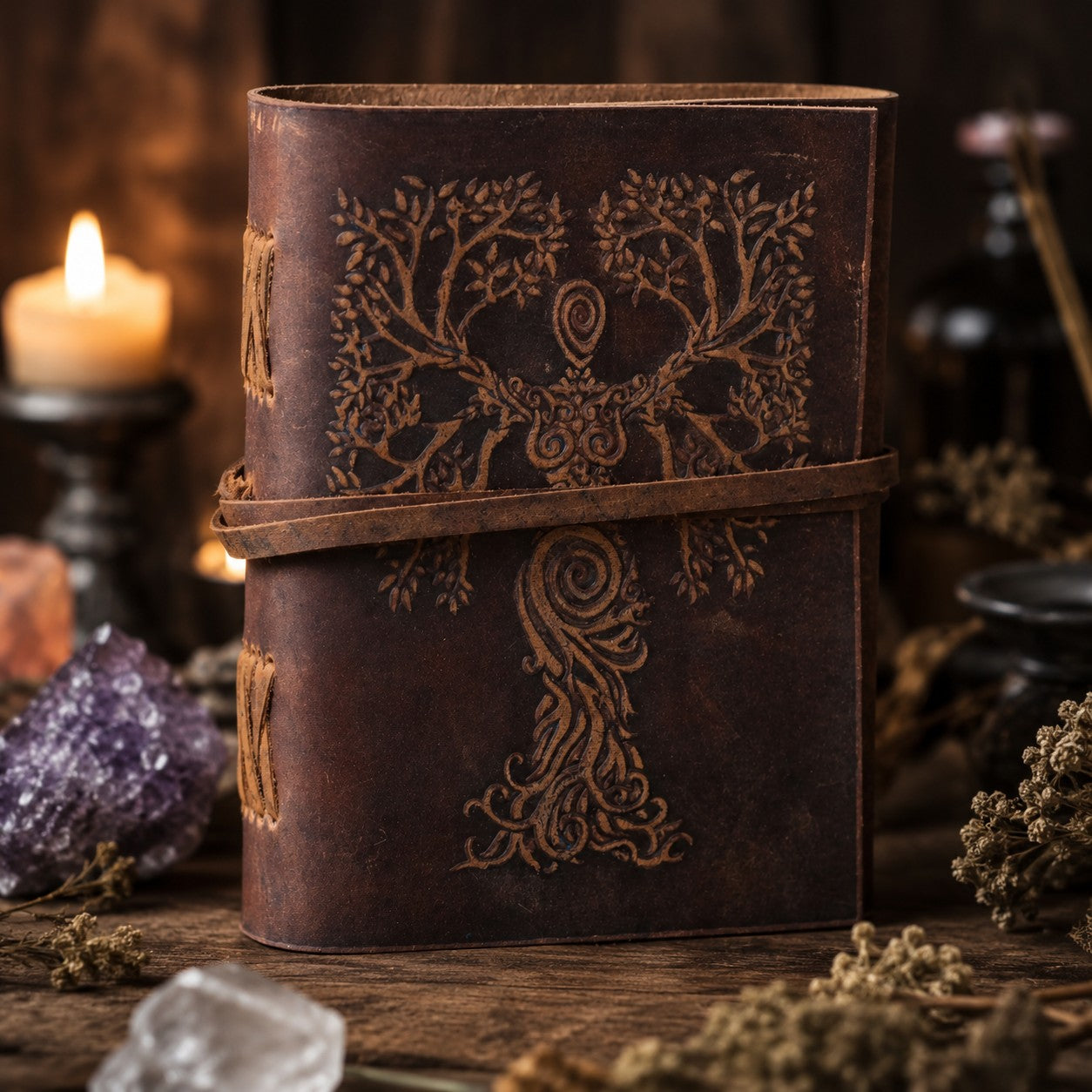 Tree of Life Leather Journal – Antique Large Format Pagan Grimoire Writing Notebook – leather journal, front cover view