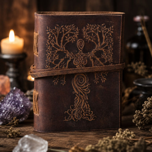 Tree of Life Leather Journal – Antique Large Format Pagan Grimoire Writing Notebook – leather journal, front cover view
