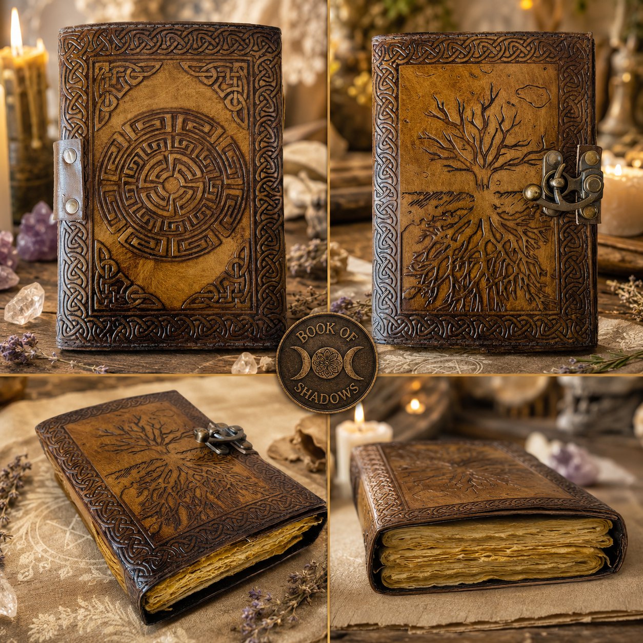 Tree of Life Leather Journal – Handmade Pagan Grimoire Unlined Deckle Pages – leather journal, open blank pages view