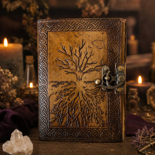 Tree of Life Leather Journal – Handmade Pagan Grimoire Unlined Deckle Pages – leather journal, front cover view