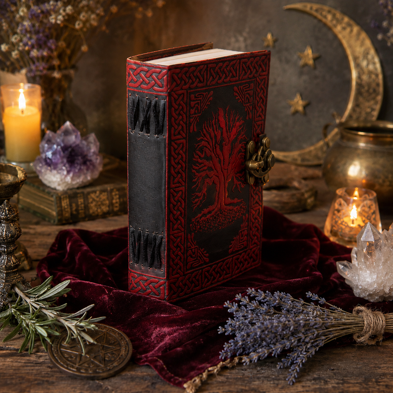 Tree of life leather journal – handmade Pagan grimoire, blank white pages, Celtic design, view 3
