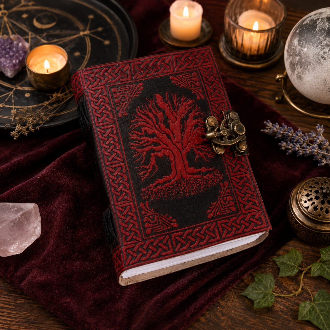 Tree of life leather journal – handmade Pagan grimoire, blank white pages, Celtic design, view 4