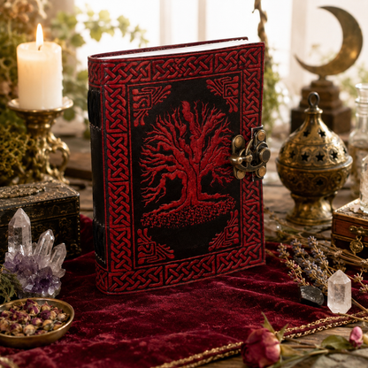 Tree of life leather journal – handmade Pagan grimoire, blank white pages, Celtic design, view 1