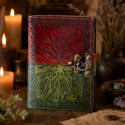 Tree of Life Leather Journal – Handmade Pagan Grimoire with Deckle Edge Pages – leather journal, open blank pages view