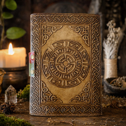 Tree of Life Leather Journal – Handmade Pagan Grimoire with Deckle Edge Pages – leather journal, close-up cover detail