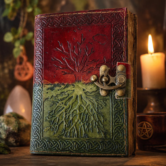 Tree of Life Leather Journal – Handmade Pagan Grimoire with Deckle Edge Pages – leather journal, front cover view