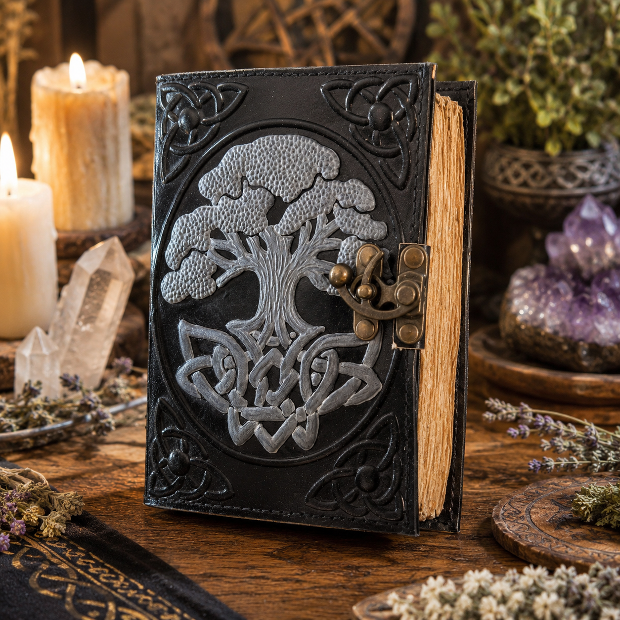 Tree of life leather journal – refillable handmade Pagan grimoire notebook, embossed hardcover, view 3