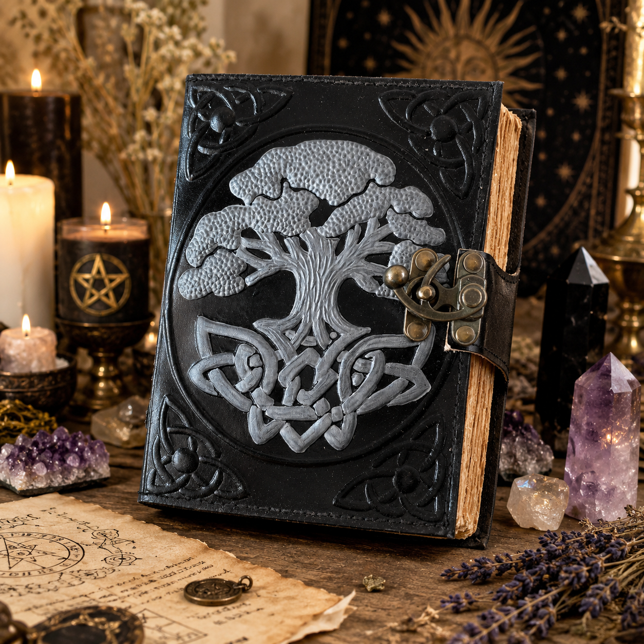 Tree of life leather journal – refillable handmade Pagan grimoire notebook, embossed hardcover, view 1