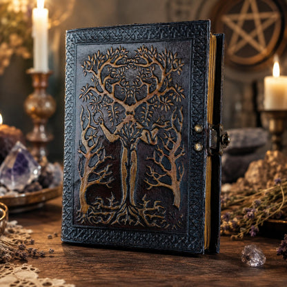 Tree of Life Leather Journal – Vintage Handmade Wiccan Grimoire Deckle Art Pages – leather journal, back cover view