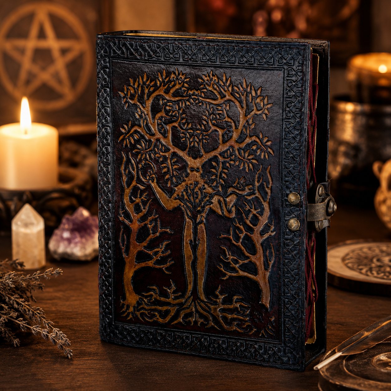 Tree of Life Leather Journal – Vintage Handmade Wiccan Grimoire Deckle Art Pages – leather journal, close-up cover detail