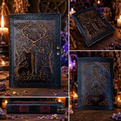 Tree of Life Leather Journal – Vintage Handmade Wiccan Grimoire Deckle Art Pages – leather journal, size and scale view