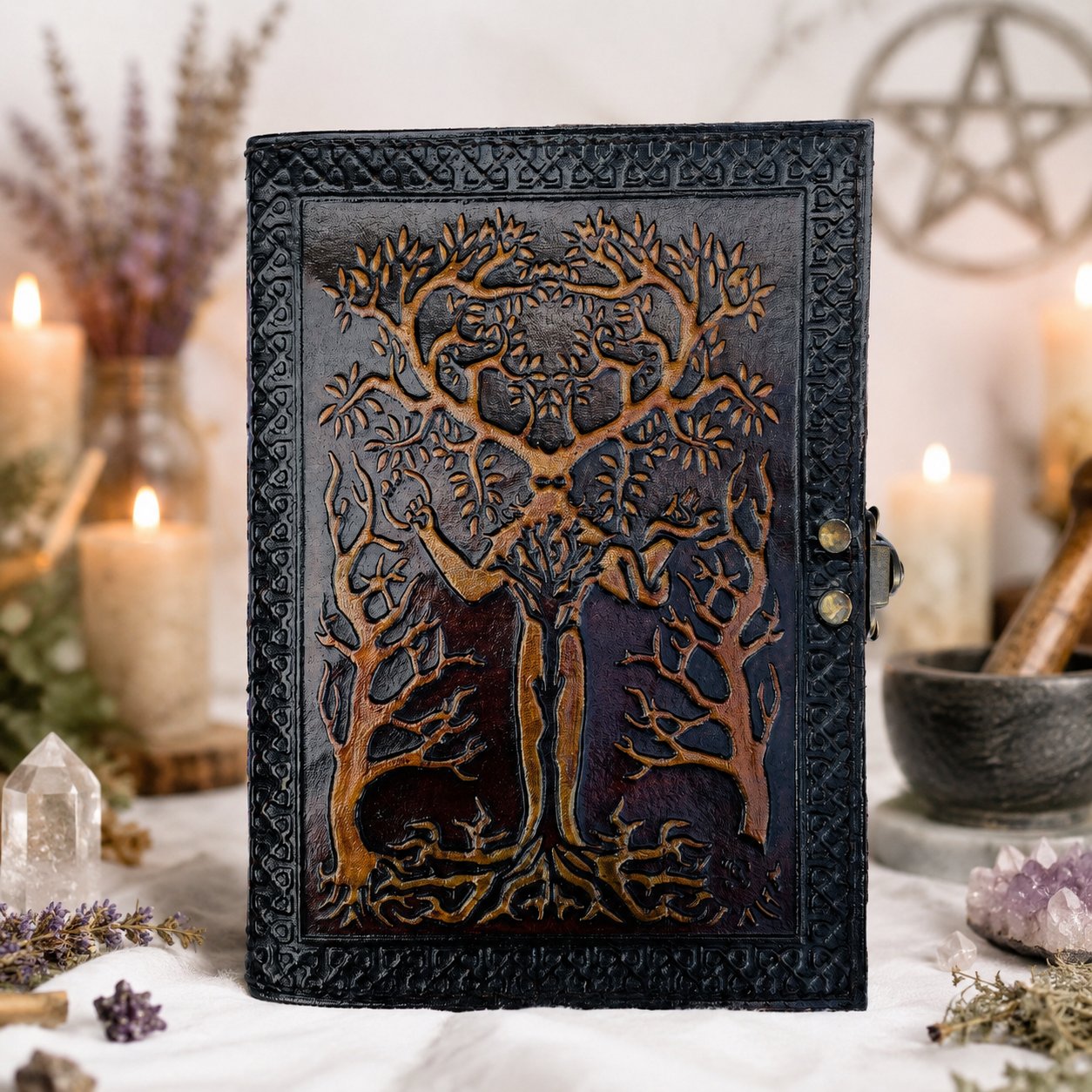Tree of Life Leather Journal – Vintage Handmade Wiccan Grimoire Deckle Art Pages – leather journal, front cover view