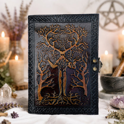 Tree of Life Leather Journal – Vintage Handmade Wiccan Grimoire Deckle Art Pages – leather journal, front cover view